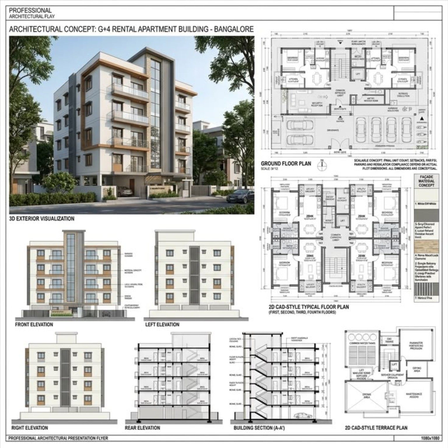 G+4 Rental Apartment Building mimari konsepti